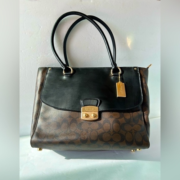Coach Two Tone Leather and Signature Print Large Satchel - Picture 1 of 10